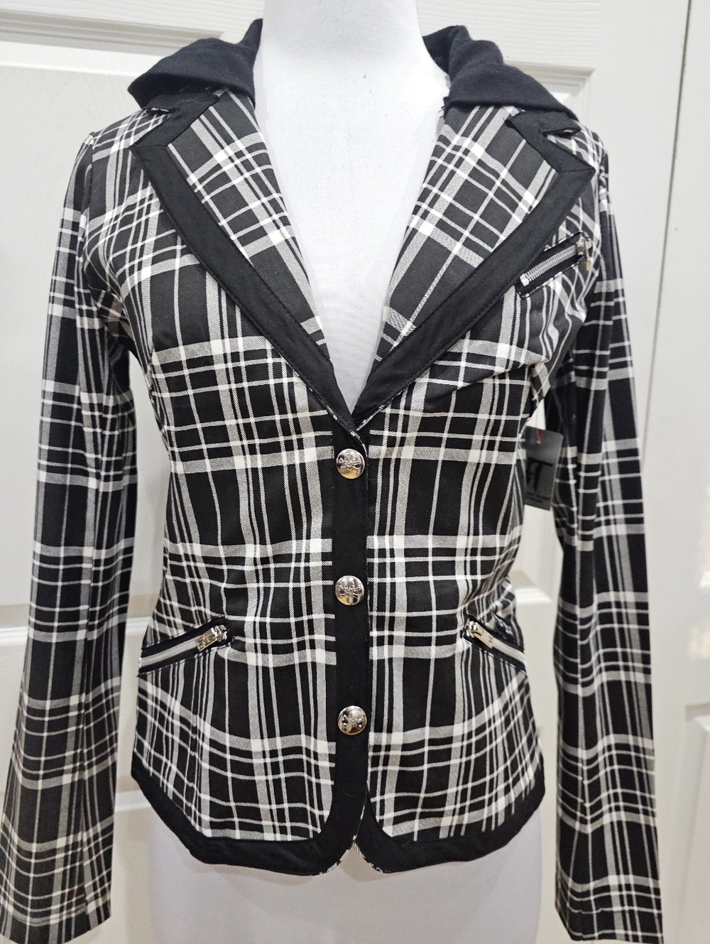 Rare Vintage Punk Goth Tripp NYC Black & White Plaid Snap Blazer Jacket Coat S - Picture 10 of 12